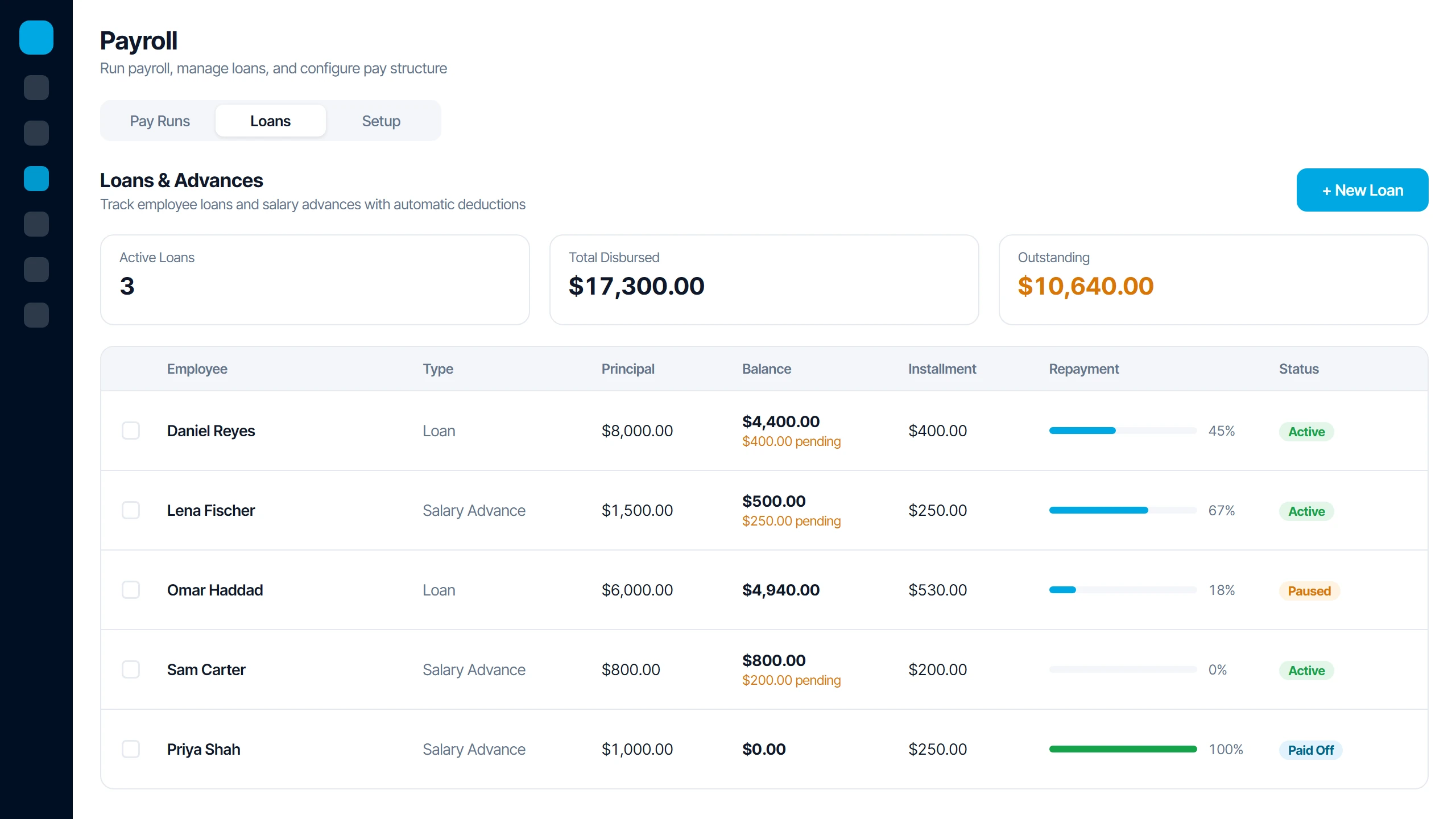 Icon Payroll loans and salary advances with balances, pending repayments and status