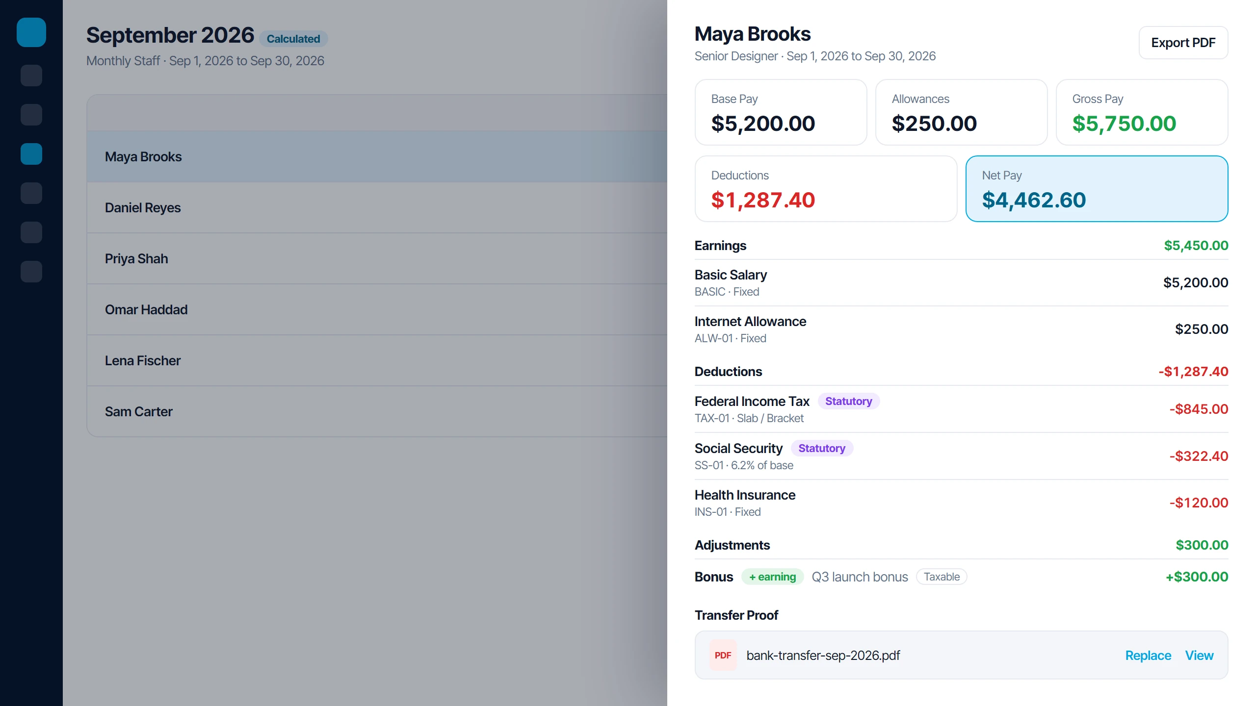 Icon Payroll payslip with earnings, statutory deductions, a bonus and transfer proof