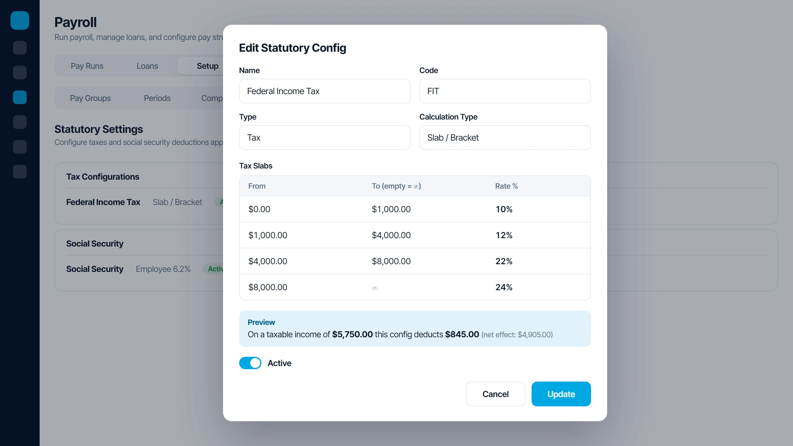 Icon Payroll tax bracket settings with a live deduction preview