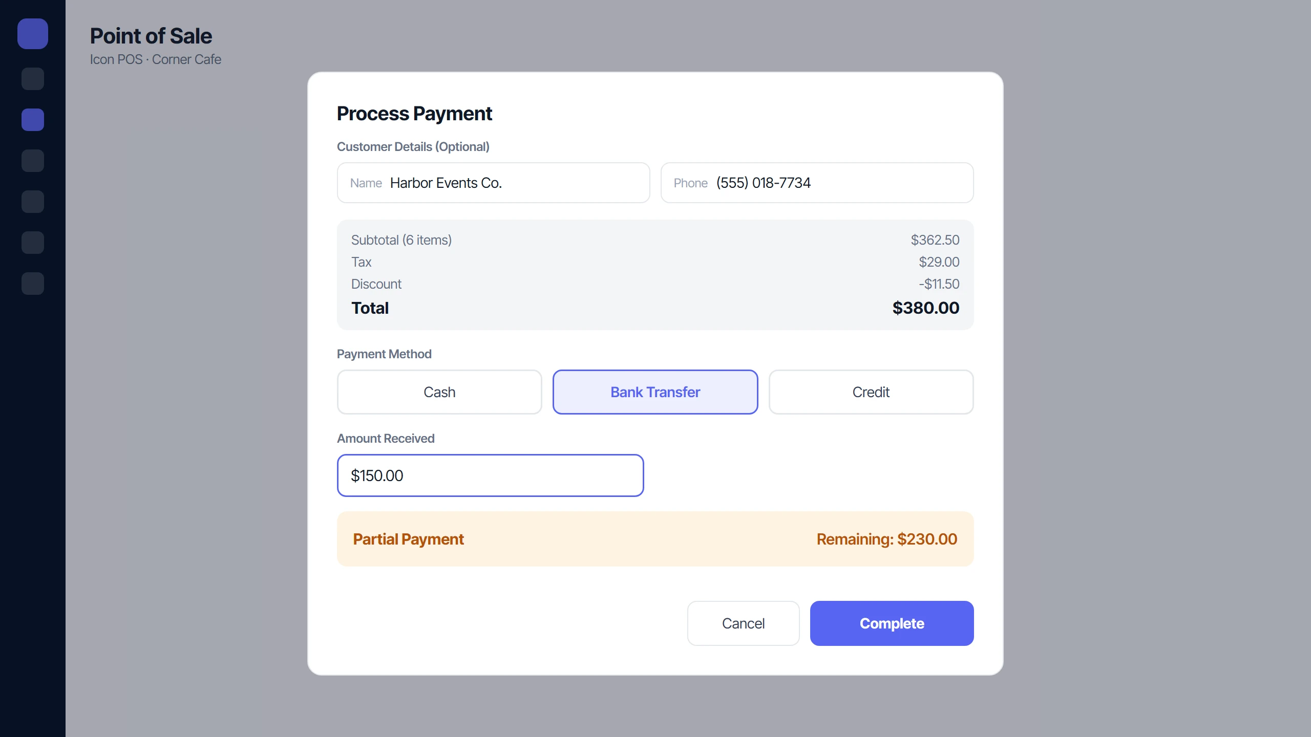 Icon POS payment with a partial payment and the remaining balance