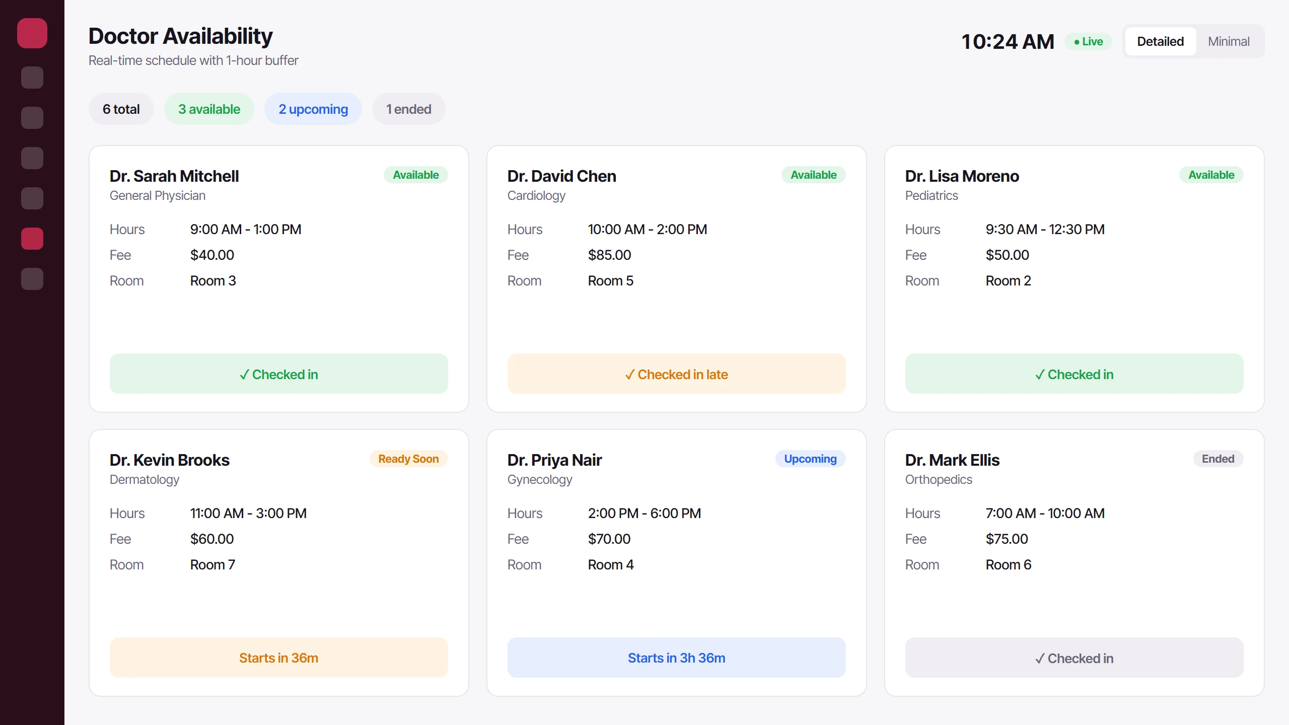 Icon Reception live doctor availability with check-ins and session countdowns