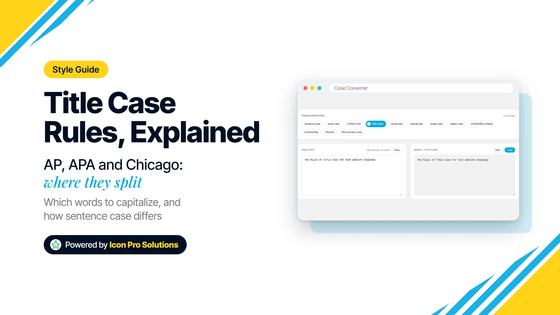 Title case rules for AP, APA and Chicago, with the Case Converter turning a capitalized heading into title case