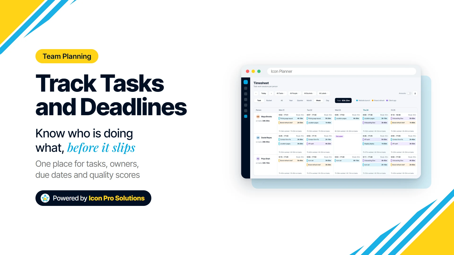 How to track team tasks and deadlines, with the Icon Planner timesheet showing each person’s work sessions by task and day