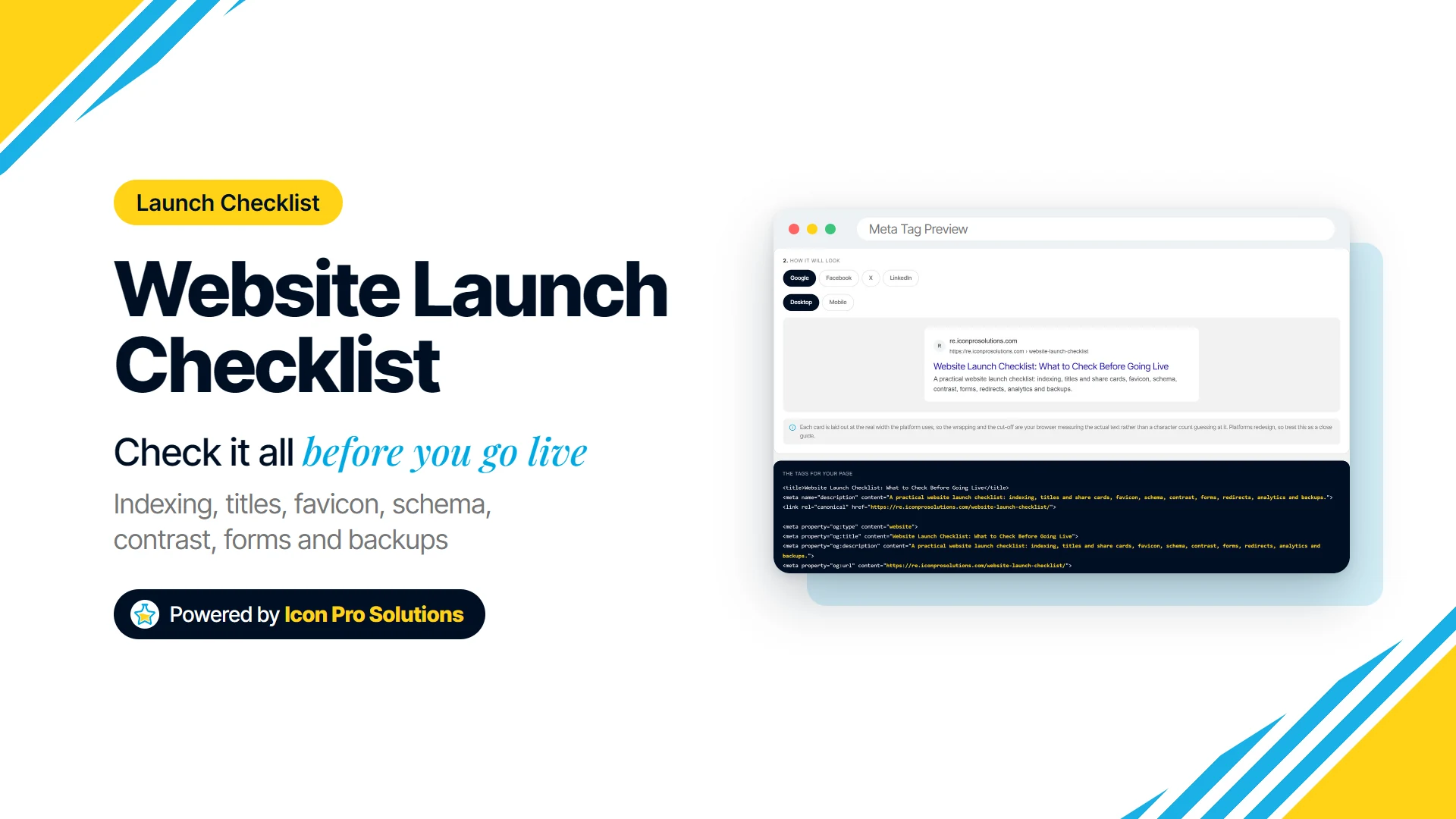 Website launch checklist, with the Meta Tag Preview showing this post’s own Google search result